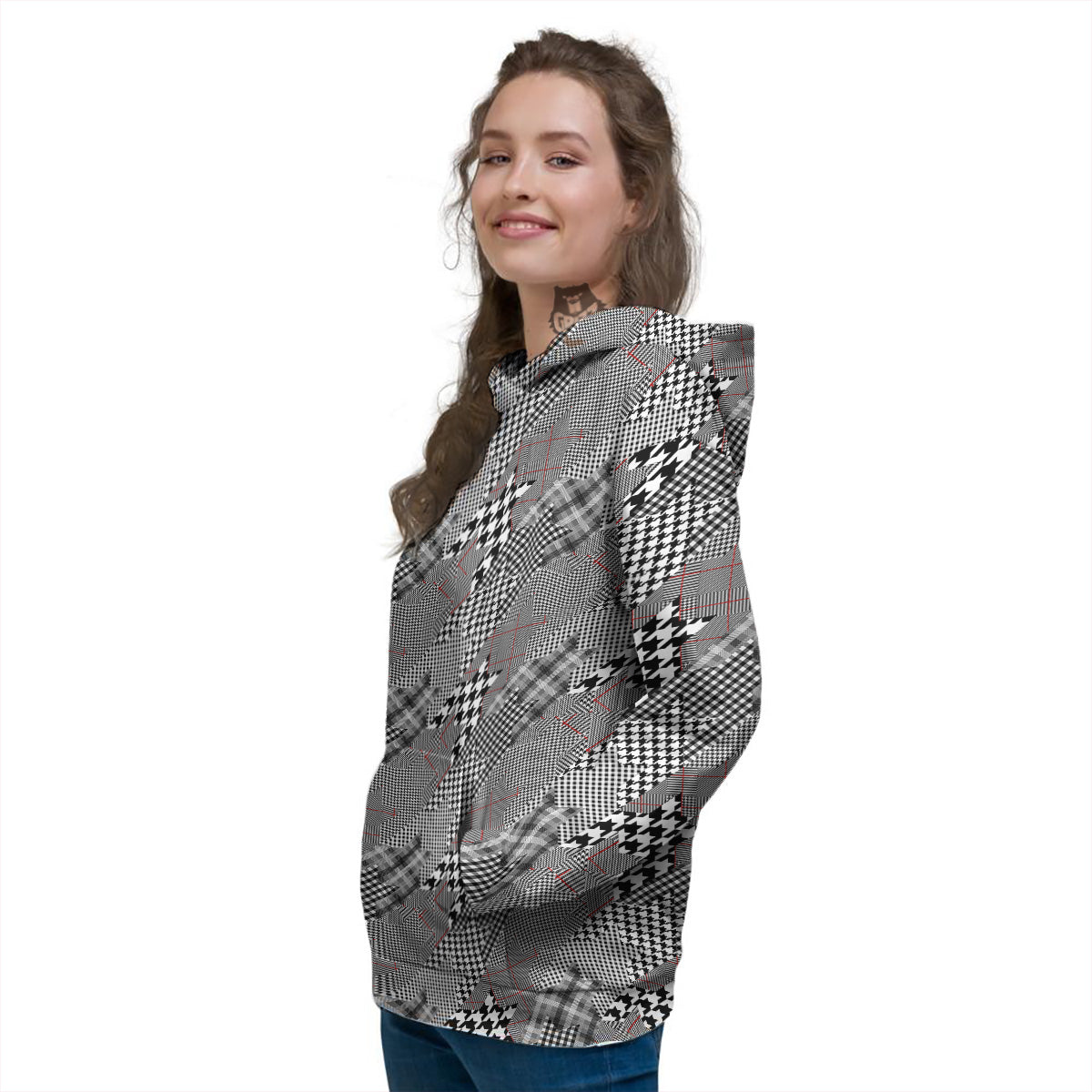 Geometrical Houndstooth Patchwork Print Pattern Women's Hoodie-grizzshop
