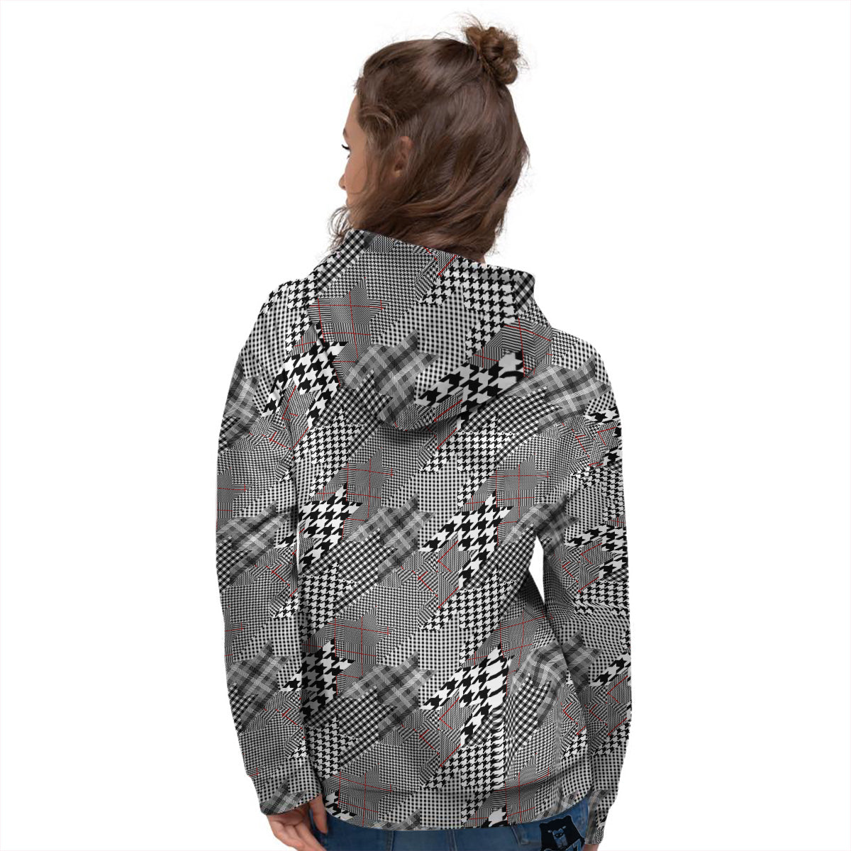 Geometrical Houndstooth Patchwork Print Pattern Women's Hoodie-grizzshop