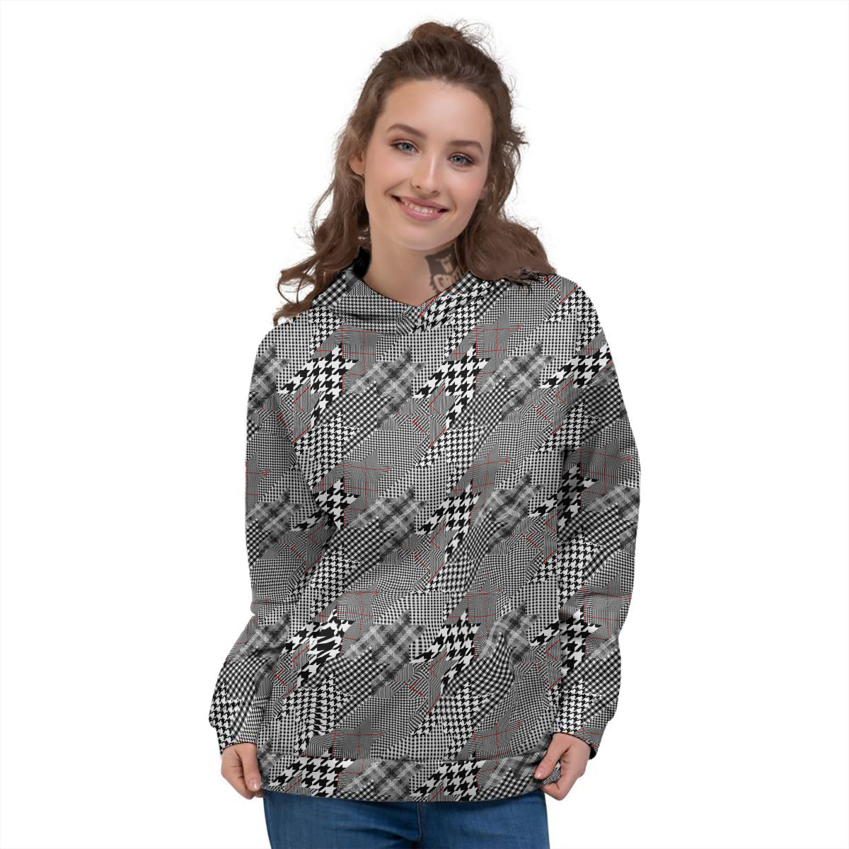 Geometrical Houndstooth Patchwork Print Pattern Women's Hoodie-grizzshop