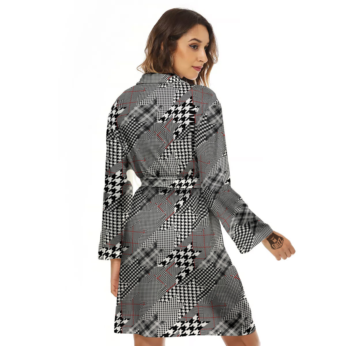 Geometrical Houndstooth Patchwork Print Pattern Women's Robe-grizzshop
