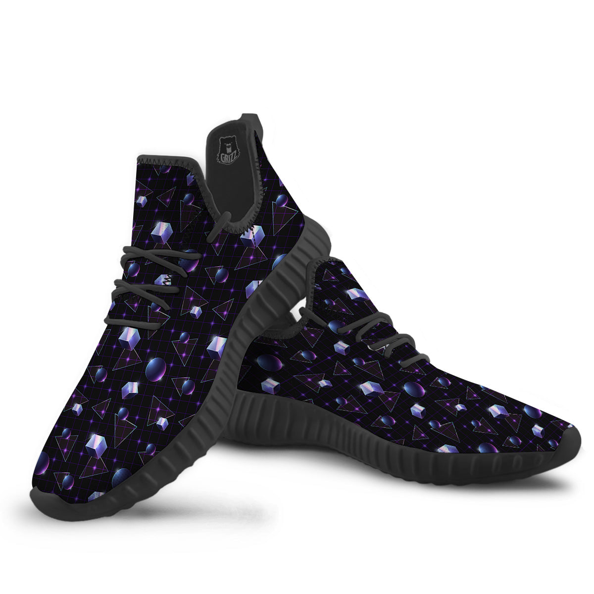 Geometry 80's Style Print Pattern Black Walking Shoes-grizzshop
