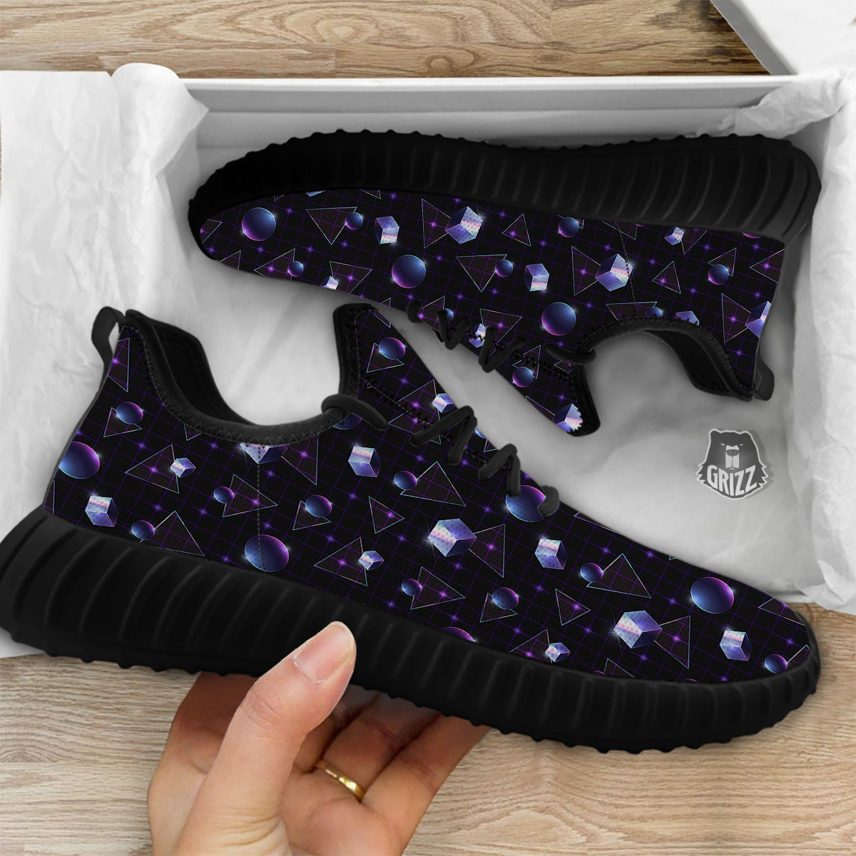 Geometry 80's Style Print Pattern Black Walking Shoes-grizzshop