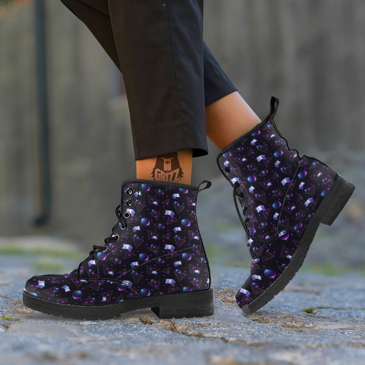Geometry 80's Style Print Pattern Leather Boots-grizzshop
