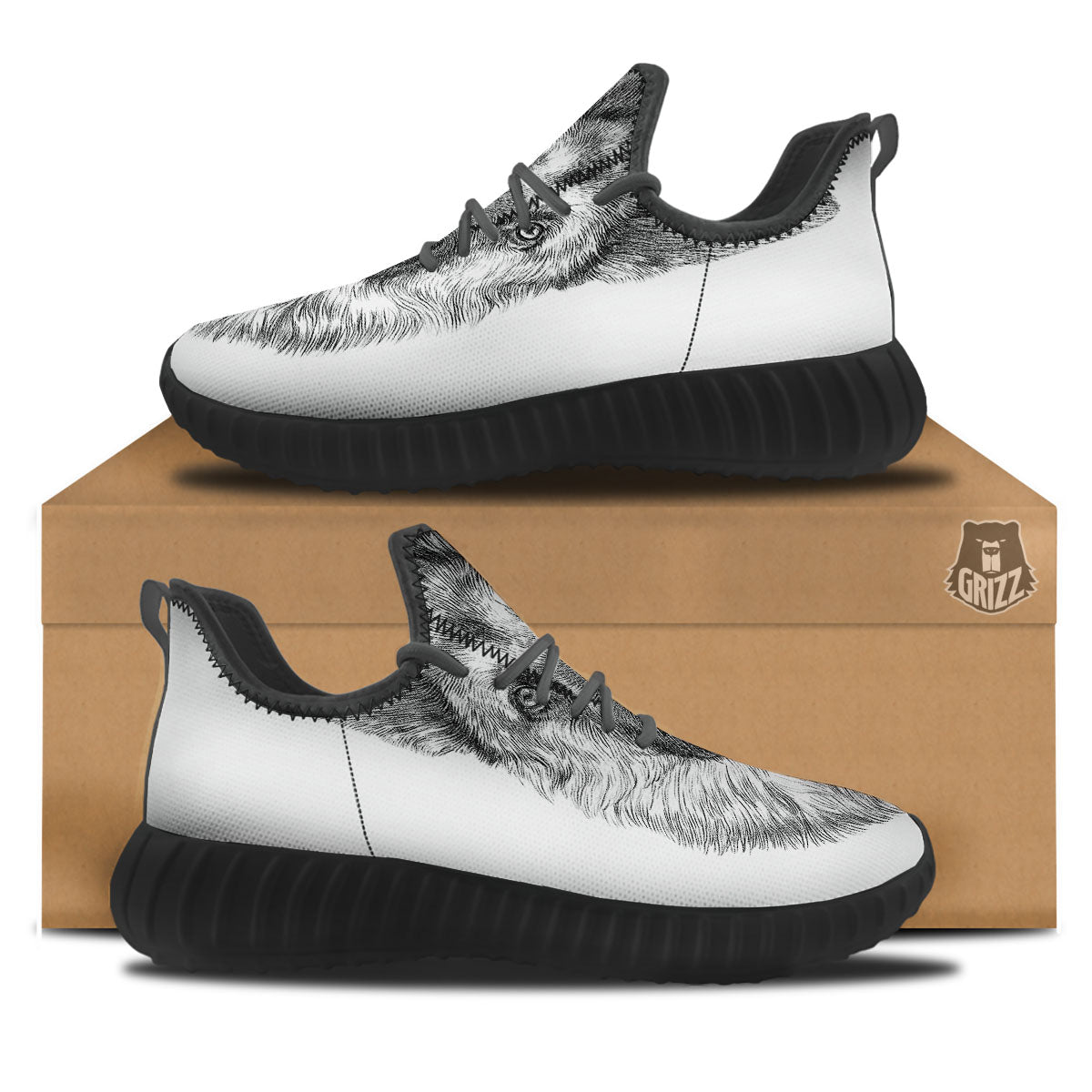 German Shepherd White And Black Print Black Walking Shoes-grizzshop