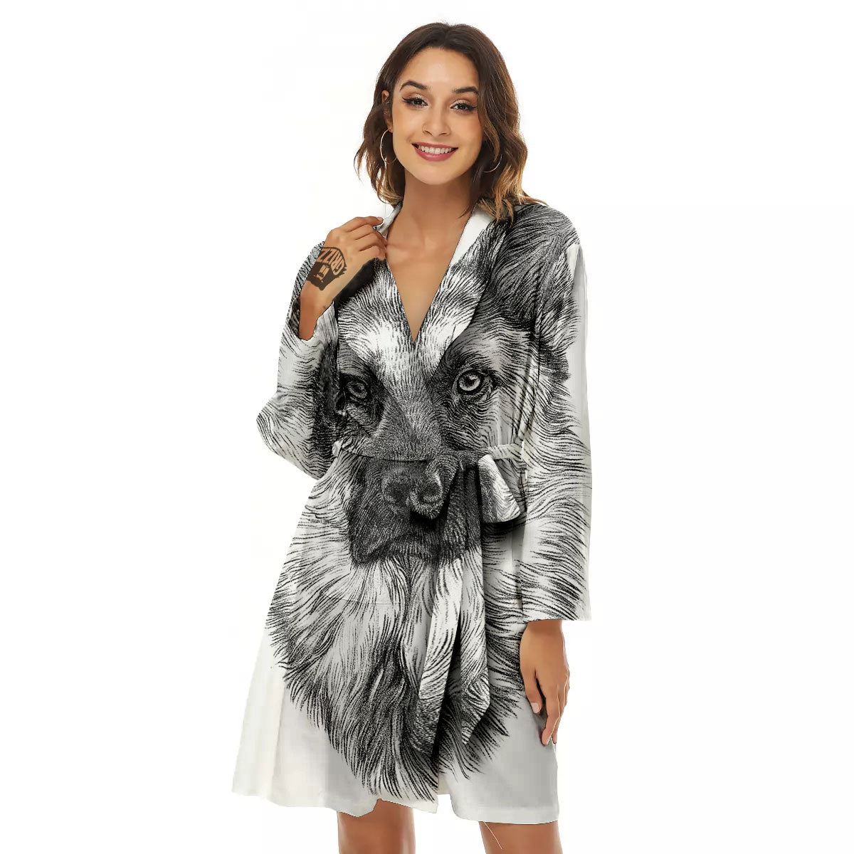 German Shepherd White And Black Print Women's Robe-grizzshop