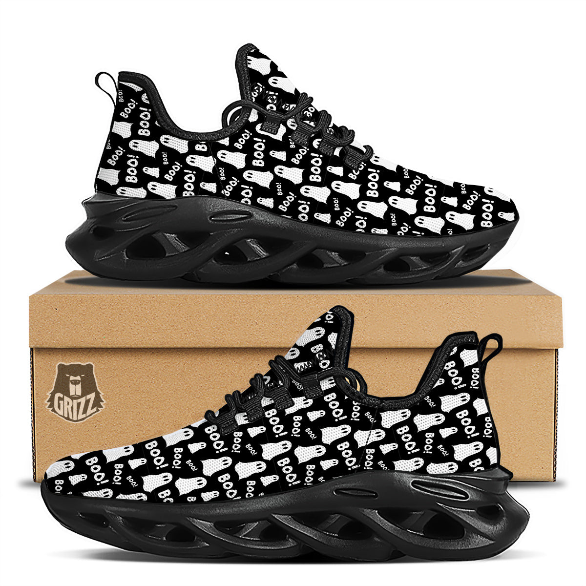 Ghost Cartoon Print Pattern Black Running Shoes-grizzshop