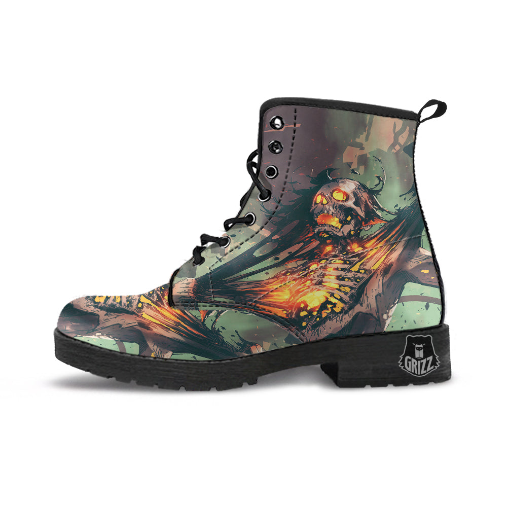 Ghost Skeleton Print Leather Boots-grizzshop