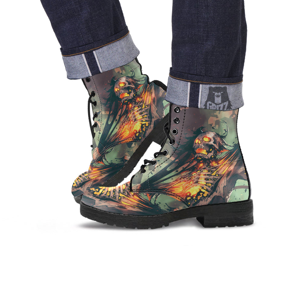 Ghost Skeleton Print Leather Boots-grizzshop