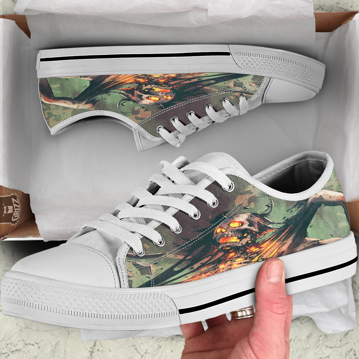 Ghost Skeleton Print White Low Top Shoes-grizzshop