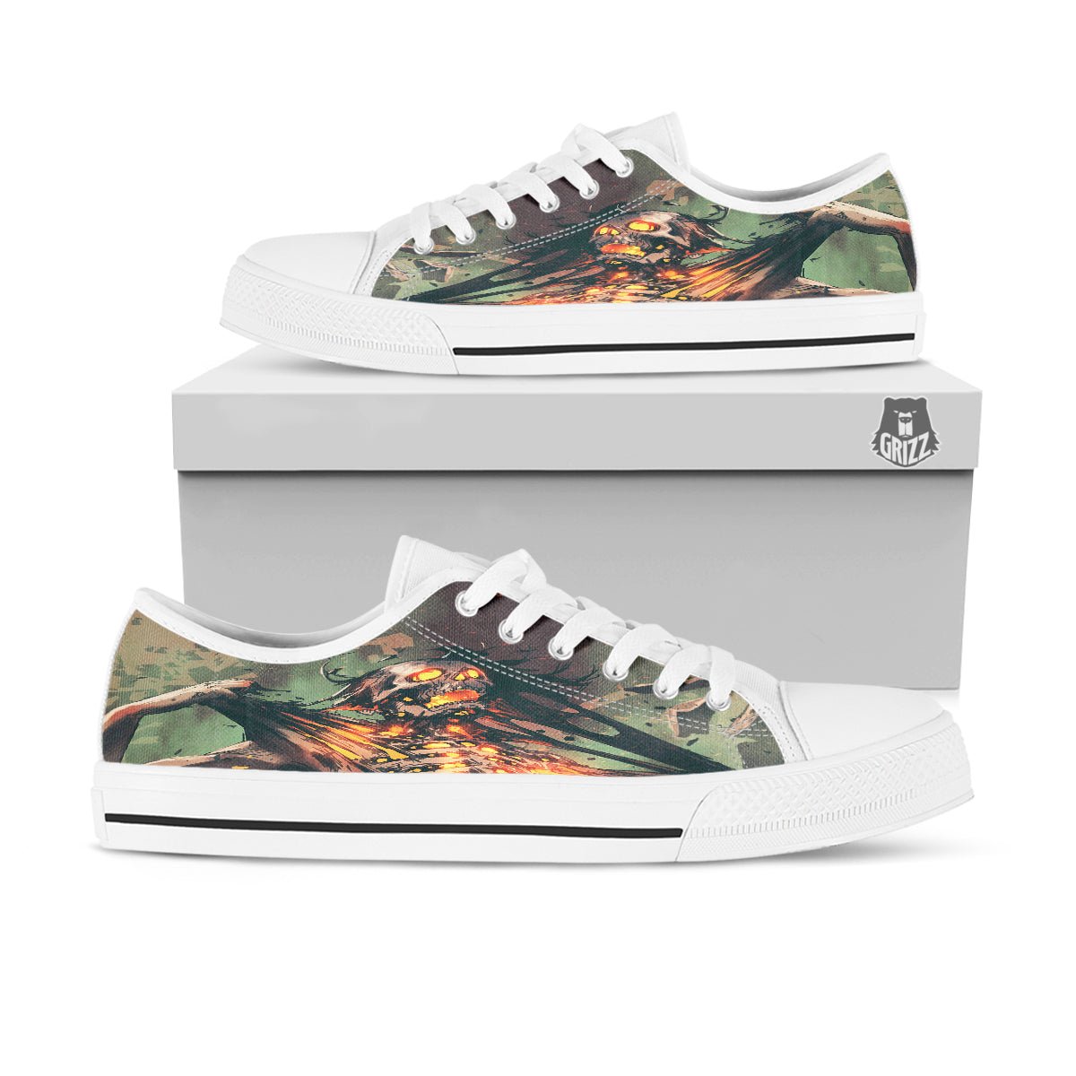 Ghost Skeleton Print White Low Top Shoes-grizzshop