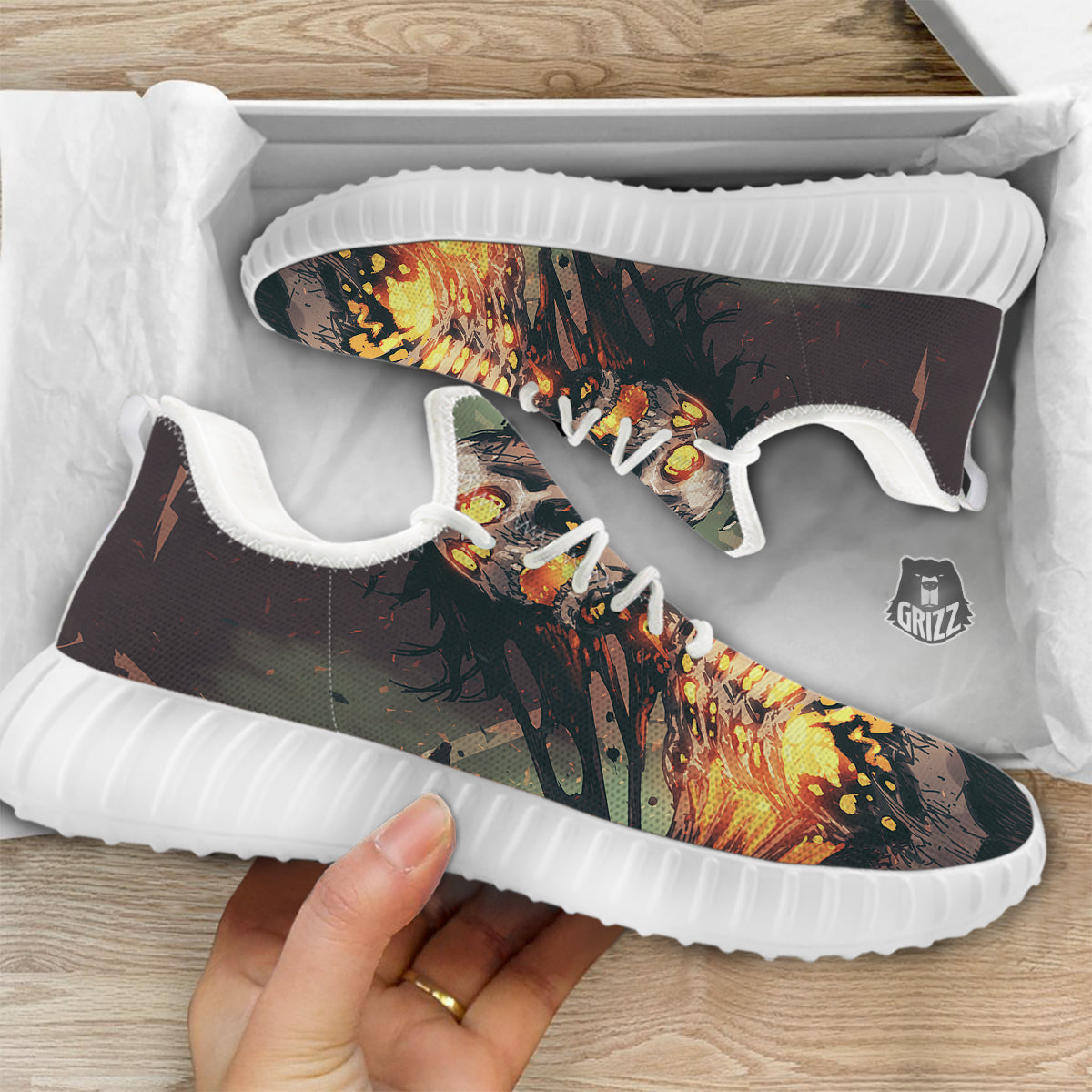 Ghost Skeleton Print White Walking Shoes-grizzshop