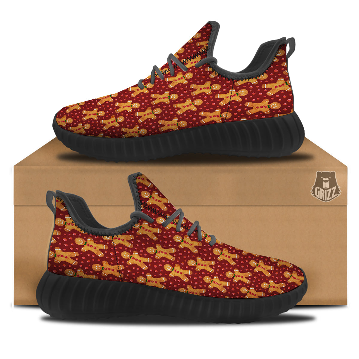 Gingerbread Brown Print Pattern Black Walking Shoes-grizzshop