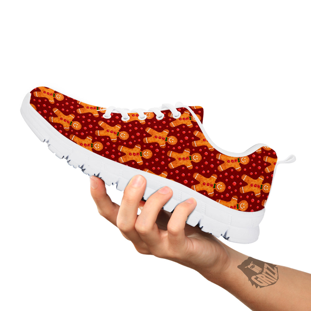 Gingerbread Brown Print Pattern White Sneaker-grizzshop