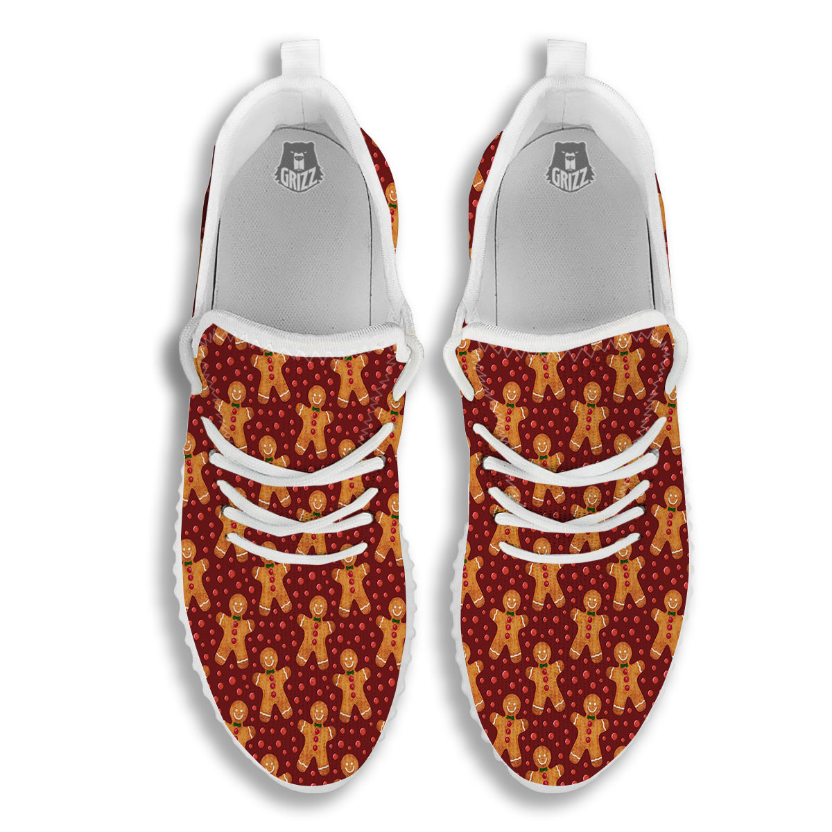 Gingerbread Brown Print Pattern White Walking Shoes-grizzshop