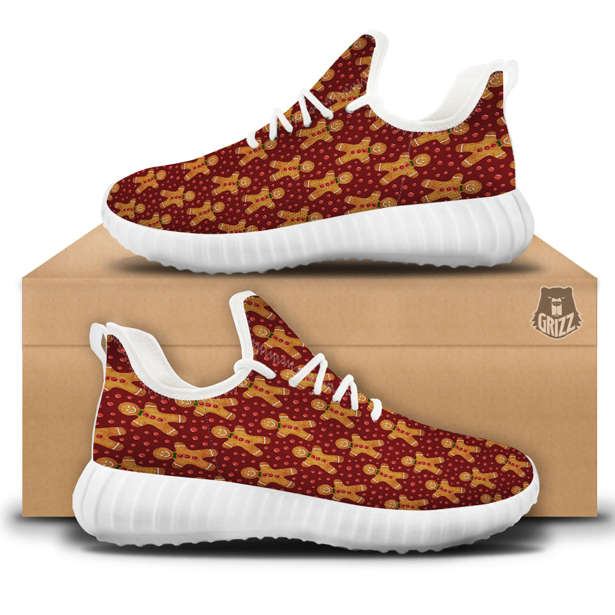 Gingerbread Brown Print Pattern White Walking Shoes-grizzshop