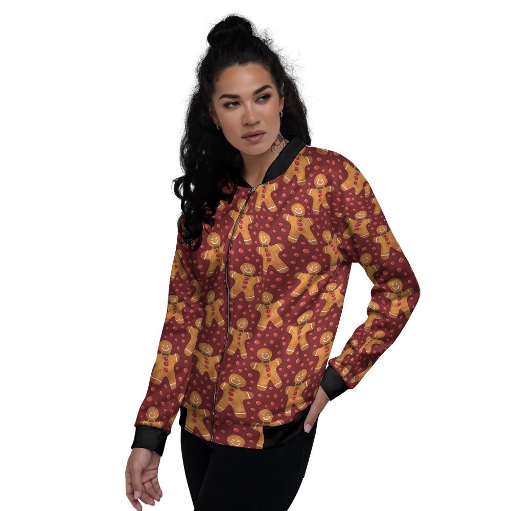 Gingerbread Brown Print Pattern Women's Bomber Jacket-grizzshop