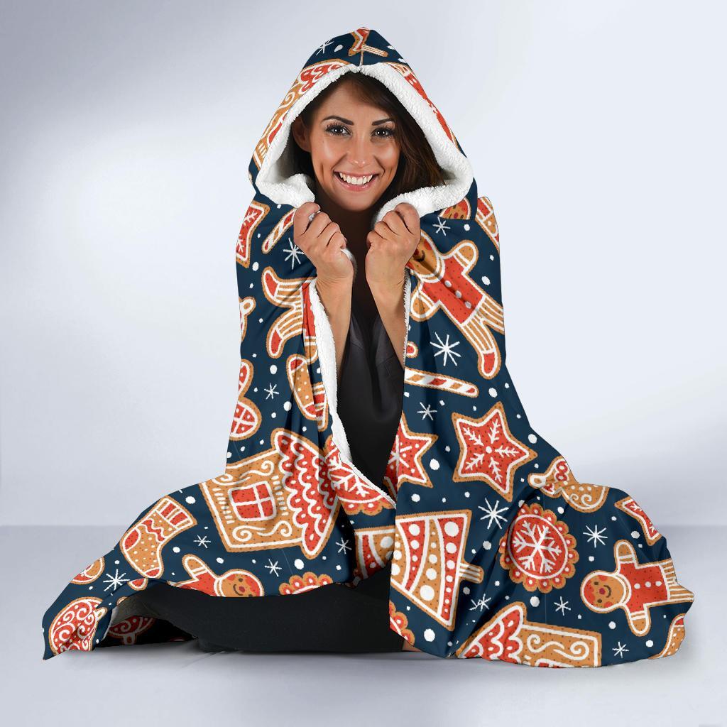 Gingerbread Man Chirstmas Pattern Print Hooded Blanket-grizzshop