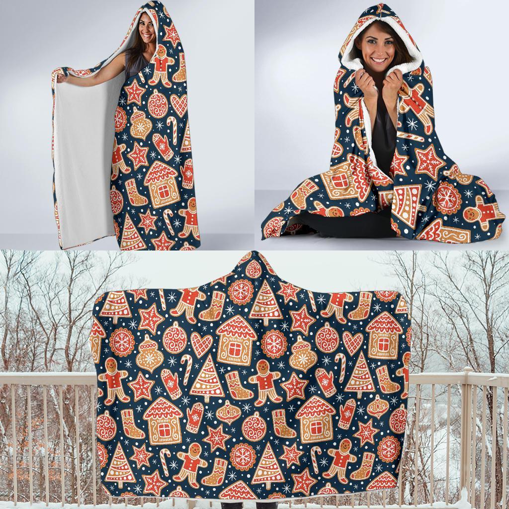 Gingerbread Man Chirstmas Pattern Print Hooded Blanket-grizzshop