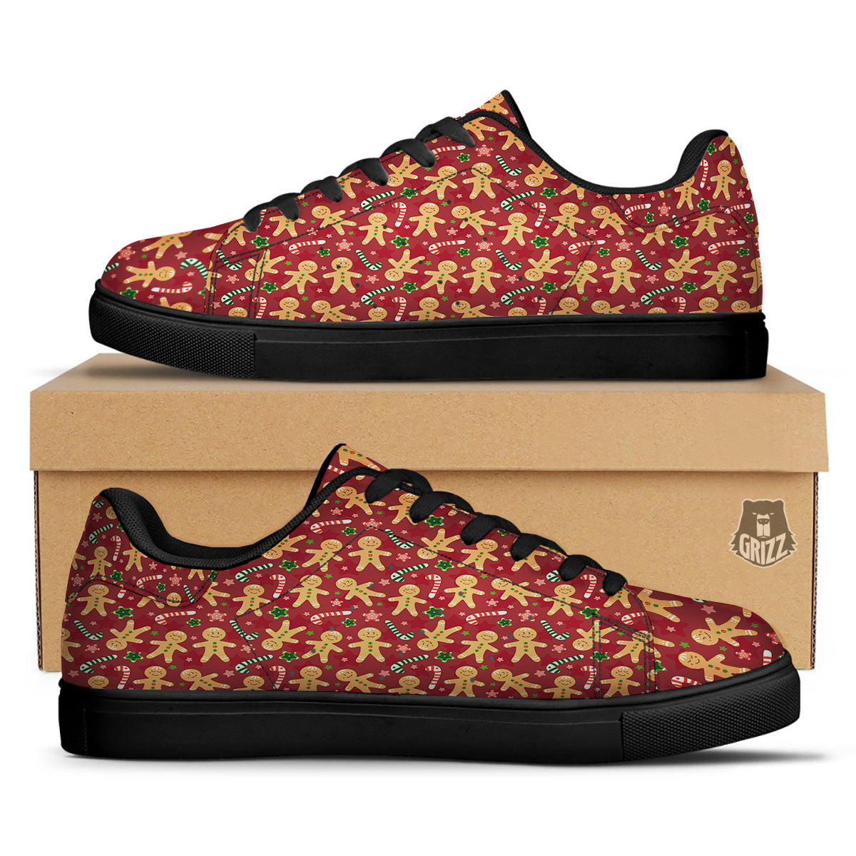 Gingerbread Man Cute Print Pattern Black Low Top Sneakers-grizzshop