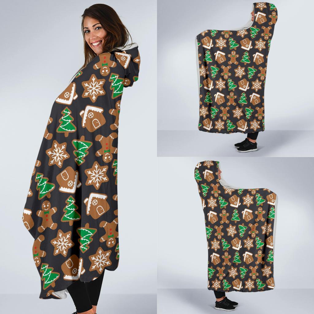 Gingerbread Man Pattern Print Chirstmas Hooded Blanket-grizzshop