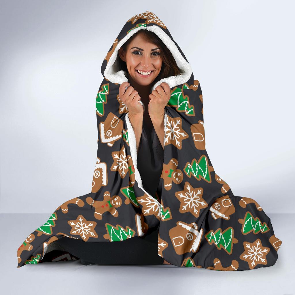 Gingerbread Man Pattern Print Chirstmas Hooded Blanket-grizzshop