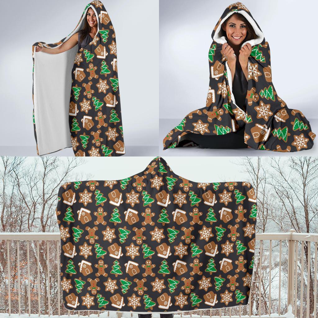 Gingerbread Man Pattern Print Chirstmas Hooded Blanket-grizzshop