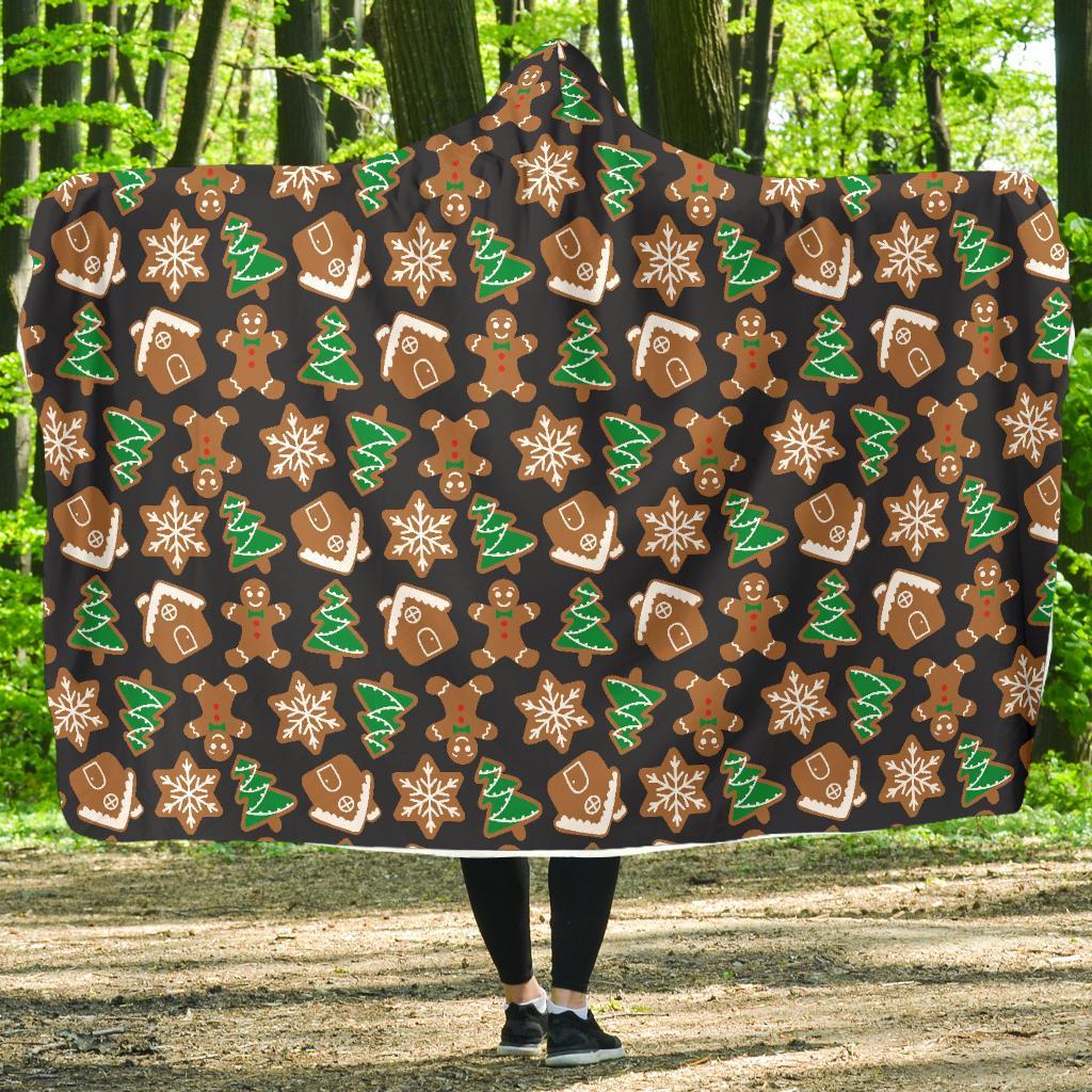 Gingerbread Man Pattern Print Chirstmas Hooded Blanket-grizzshop