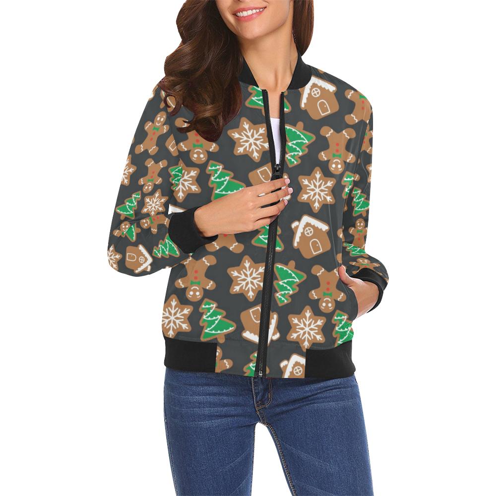 Gingerbread Man Pattern Print Chirstmas Women Casual Bomber Jacket-grizzshop