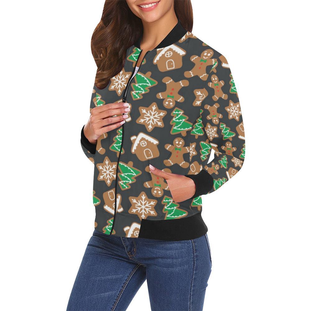 Gingerbread Man Pattern Print Chirstmas Women Casual Bomber Jacket-grizzshop