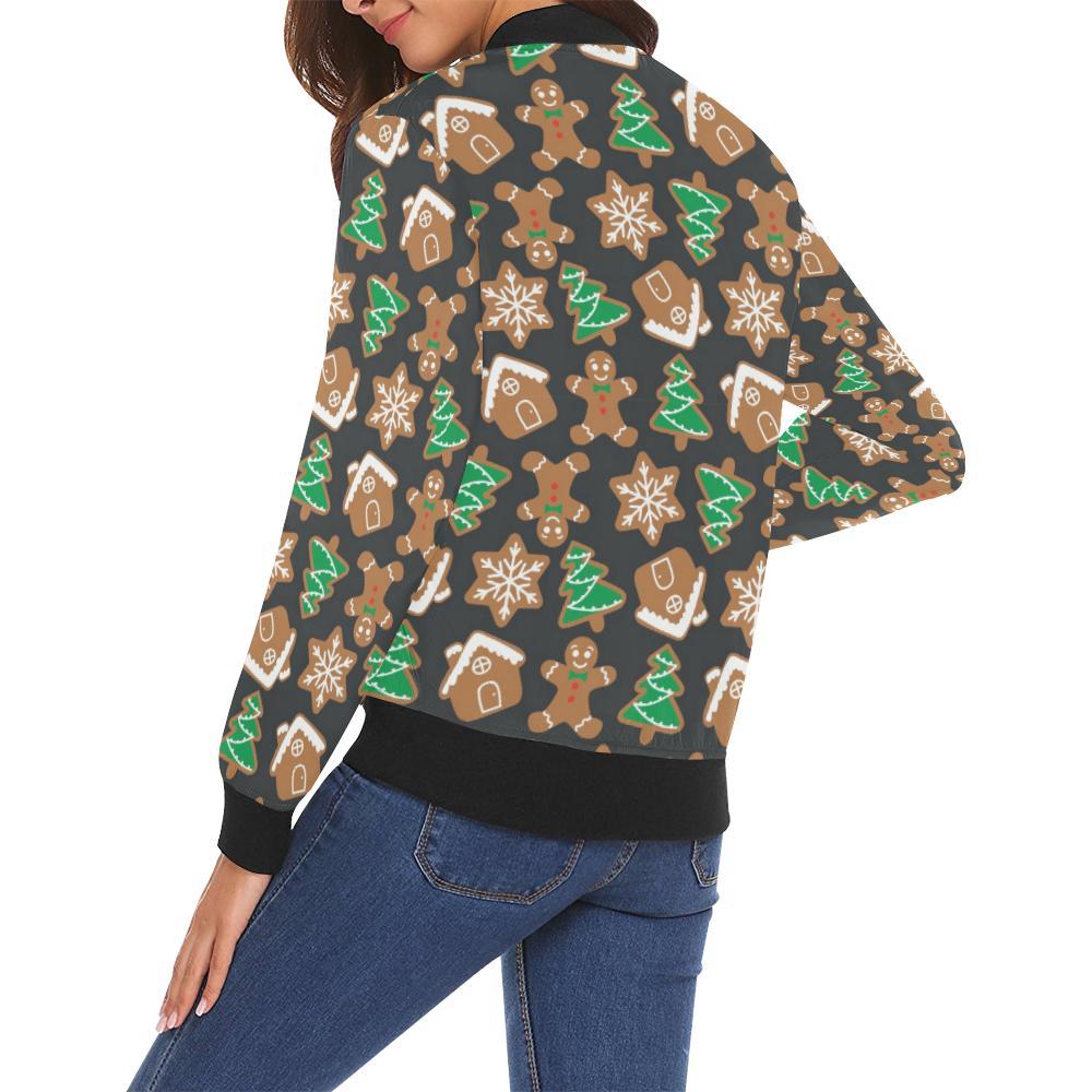 Gingerbread Man Pattern Print Chirstmas Women Casual Bomber Jacket-grizzshop