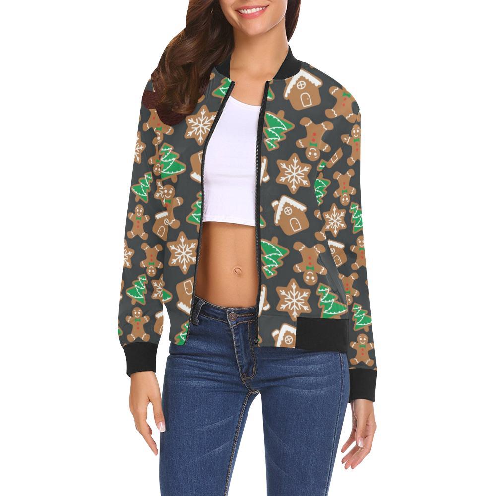 Gingerbread Man Pattern Print Chirstmas Women Casual Bomber Jacket-grizzshop