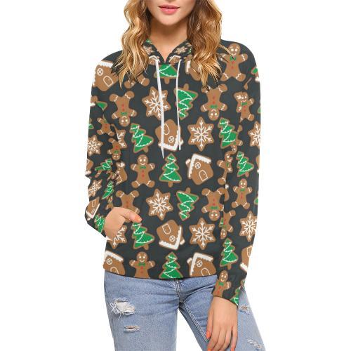 Gingerbread Man Pattern Print Chirstmas Women Pullover Hoodie-grizzshop