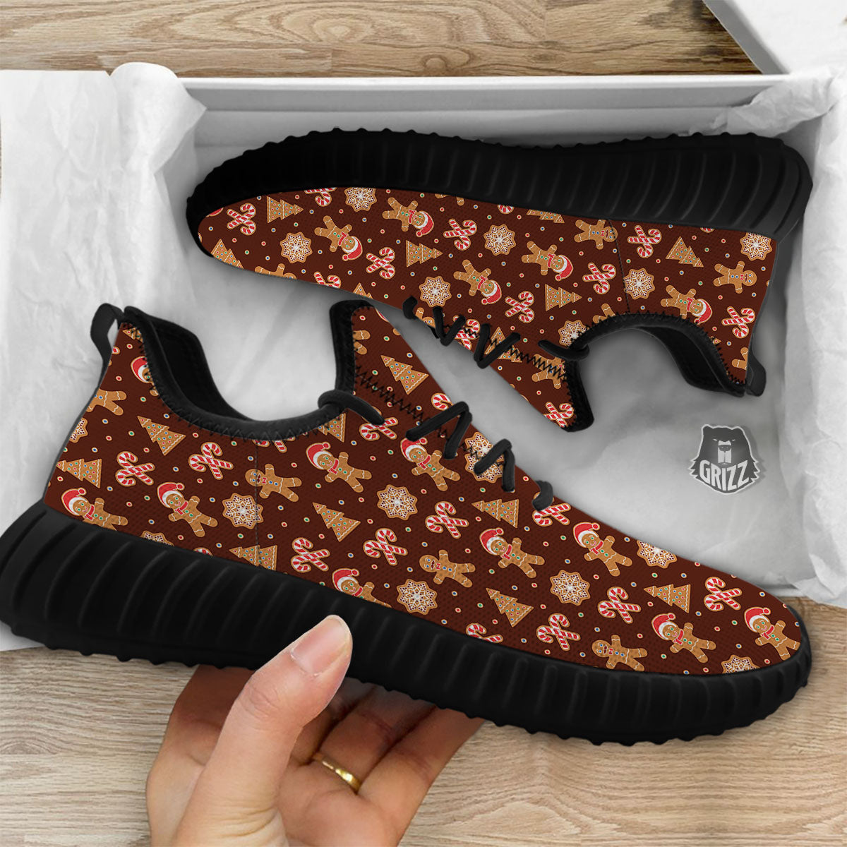 Gingerbread Man Print Pattern Black Walking Shoes-grizzshop