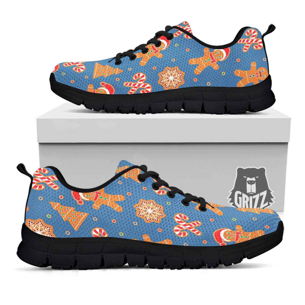 Gingerbread Man Xmas Print Pattern Black Sneaker-grizzshop