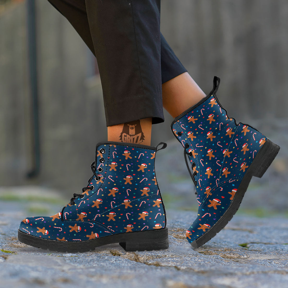 Gingerbread Xmas Print Pattern Leather Boots-grizzshop
