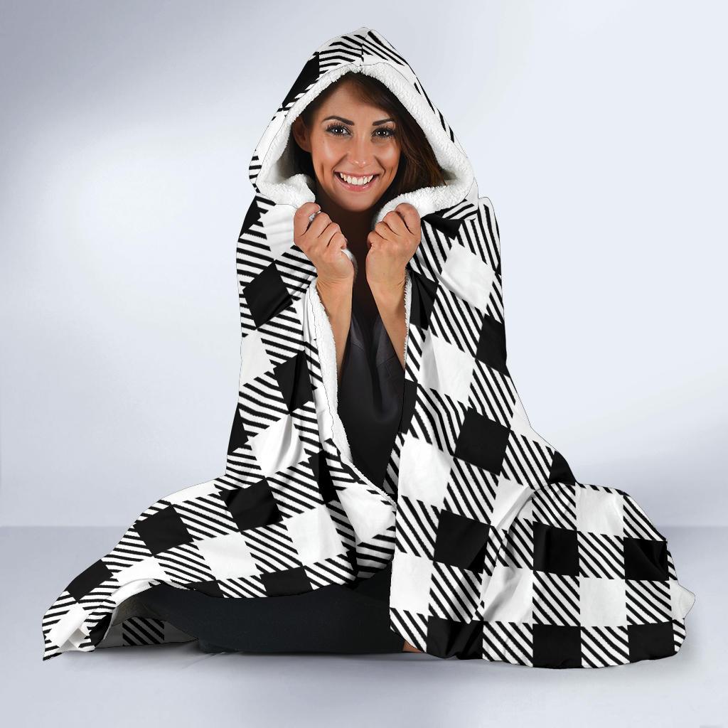 Gingham Black Pattern Print Hooded Blanket-grizzshop