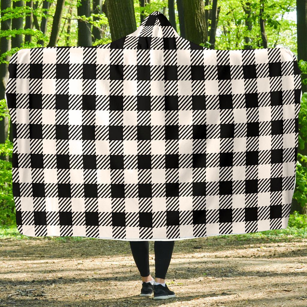 Gingham Black Pattern Print Hooded Blanket-grizzshop