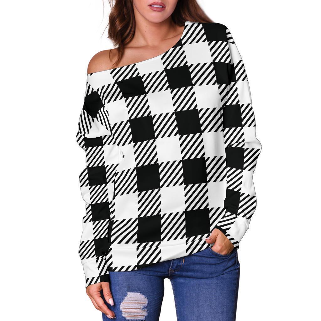 Gingham Black Pattern Print Women Off Shoulder Sweatshirt-grizzshop