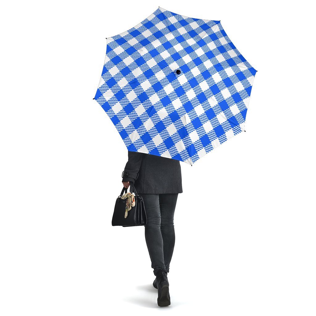Gingham Blue Pattern Print Automatic Foldable Umbrella-grizzshop