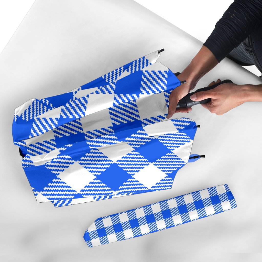 Gingham Blue Pattern Print Automatic Foldable Umbrella-grizzshop