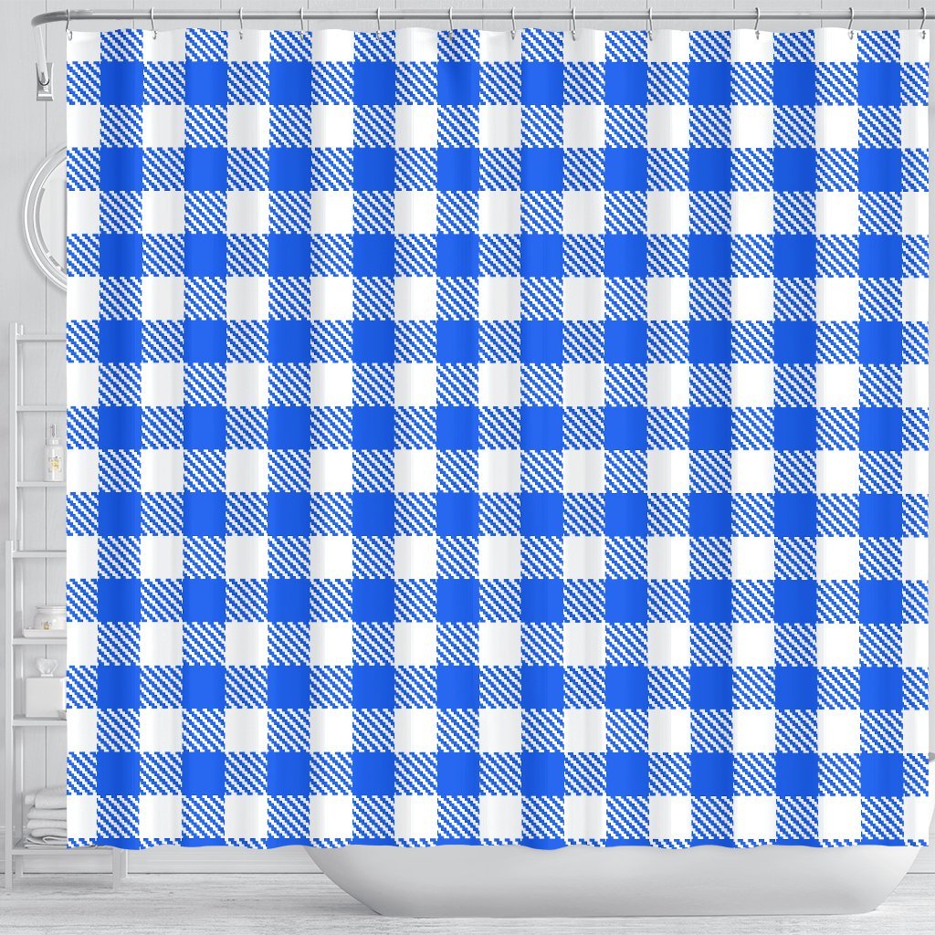 Gingham Blue Pattern Print Bathroom Shower Curtain-grizzshop