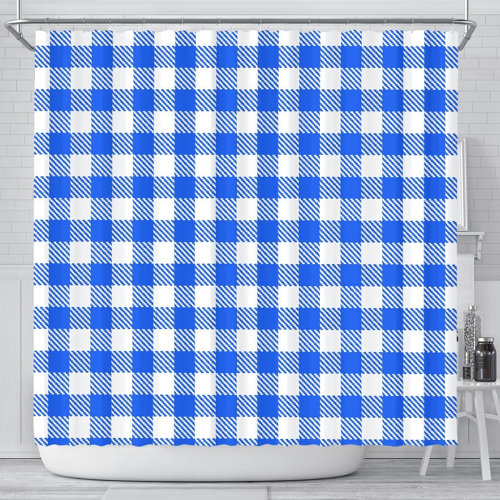 Gingham Blue Pattern Print Bathroom Shower Curtain-grizzshop