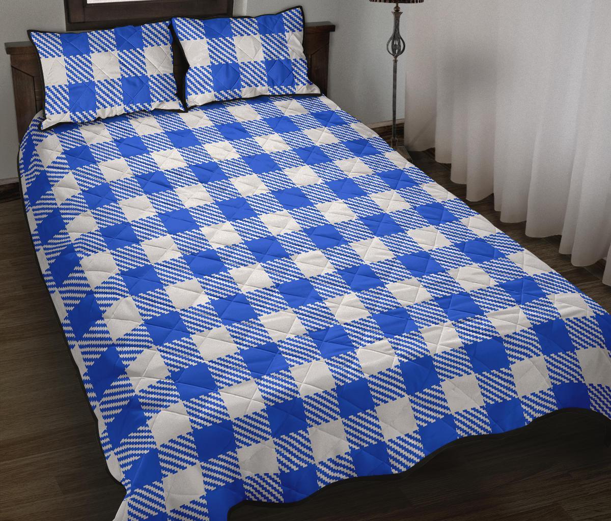 Gingham Blue Pattern Print Bed Set Quilt-grizzshop