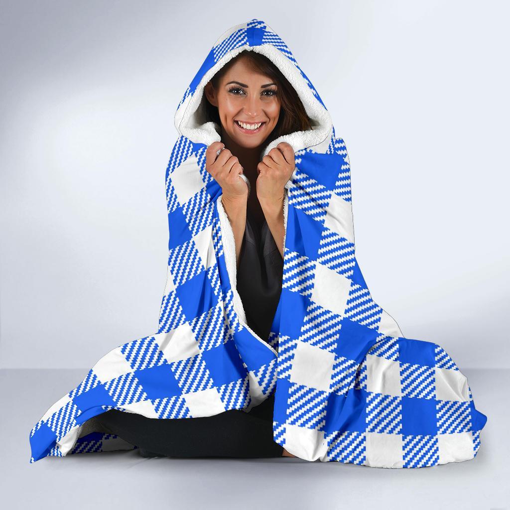 Gingham Blue Pattern Print Hooded Blanket-grizzshop