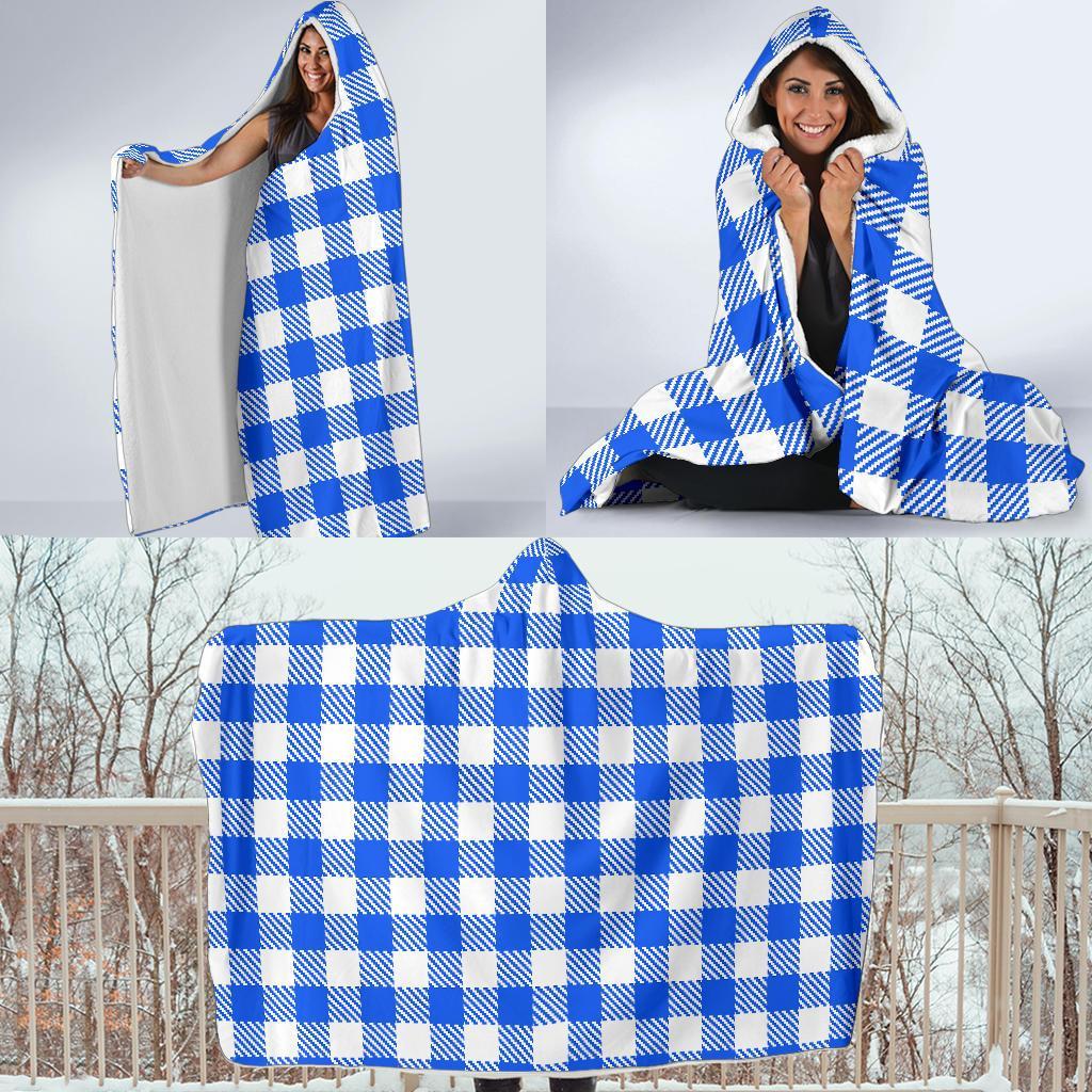 Gingham Blue Pattern Print Hooded Blanket-grizzshop