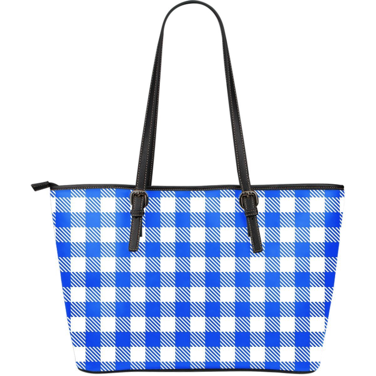 Gingham Blue Pattern Print Leather Tote Bag-grizzshop