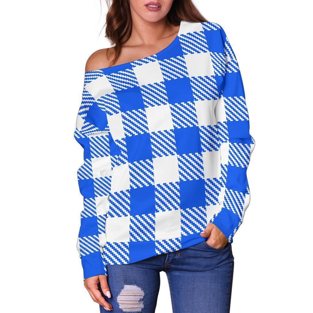 Gingham Blue Pattern Print Women Off Shoulder Sweatshirt-grizzshop