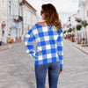 Gingham Blue Pattern Print Women Off Shoulder Sweatshirt-grizzshop