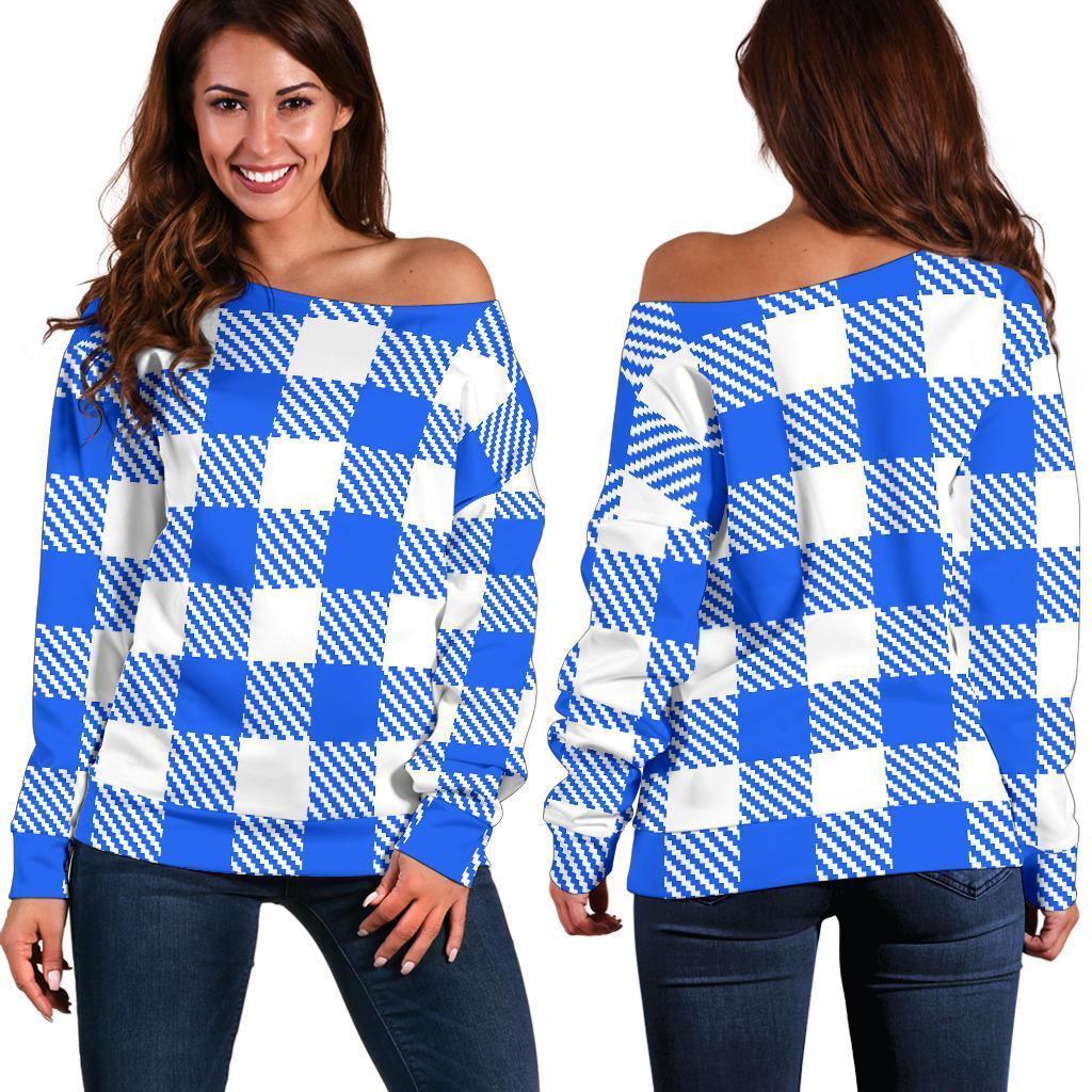 Gingham Blue Pattern Print Women Off Shoulder Sweatshirt-grizzshop