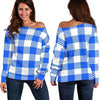 Gingham Blue Pattern Print Women Off Shoulder Sweatshirt-grizzshop